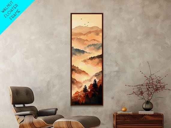 Skinny Art Tall Art Framed Print Layers Of Misty Mountains In Soft Warm Hues Ukiyo E Japanese Style Art Wood Block Print
