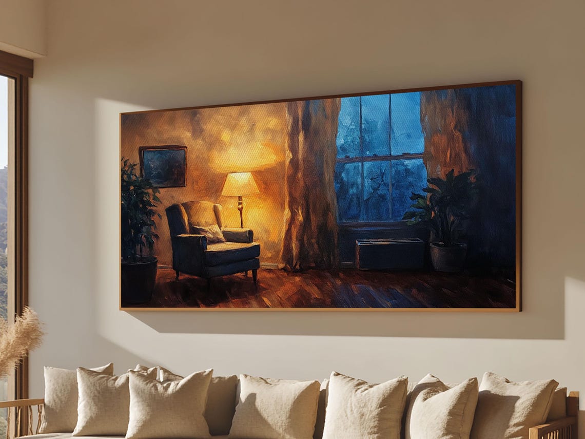 Cozy Armchair By Window Lamp Glow Evening Interior Oil Wall Poster - Image 2