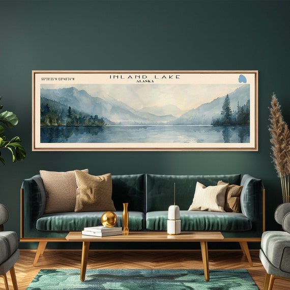 Inland Lake Framed Print Lake House Art Panoramic Wall Art Travel Poster Scenic Lake Painting Nature Art