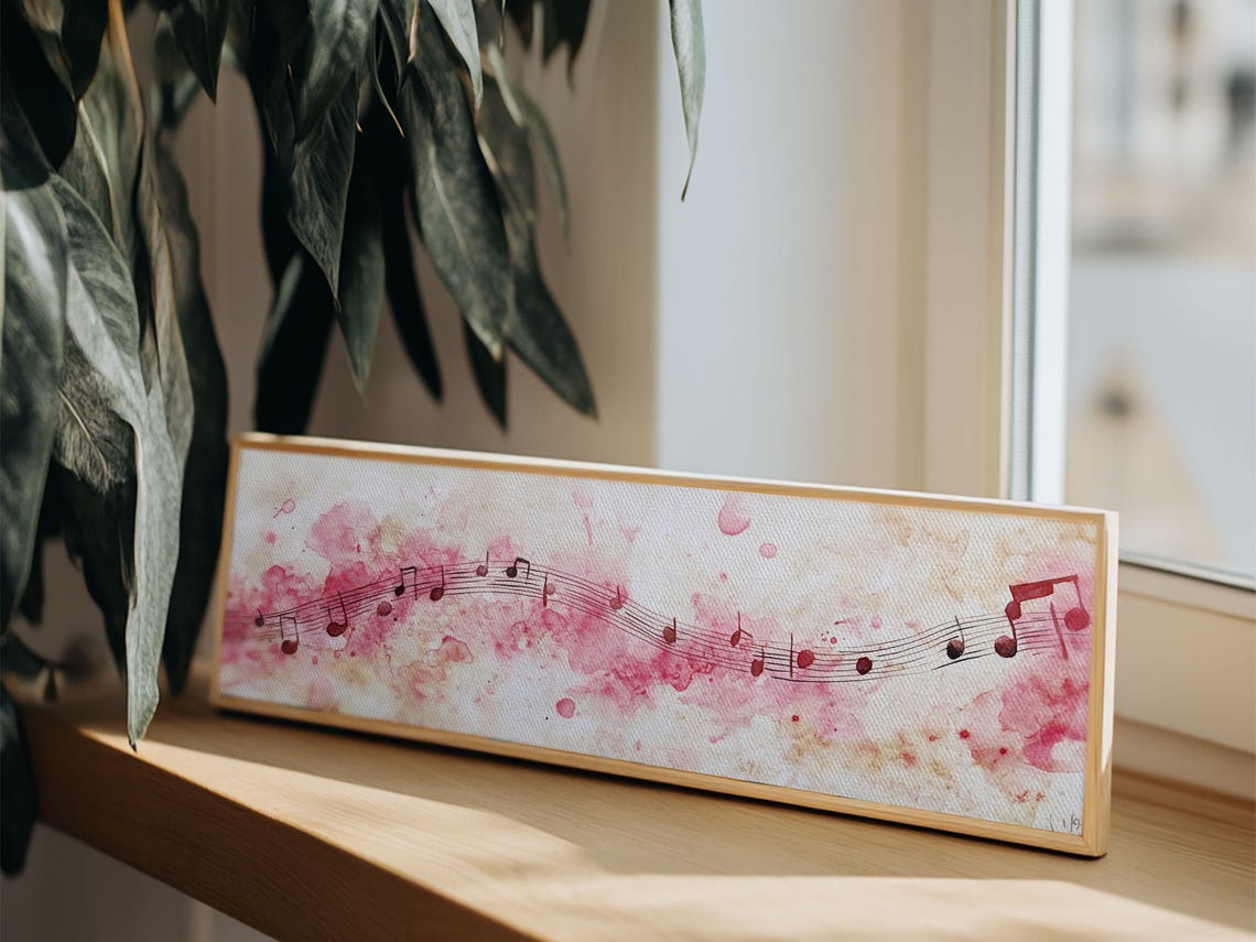 Pink Musical Notes Watercolor Staff Melody Panoramic Canvas Art Poster - Image 2