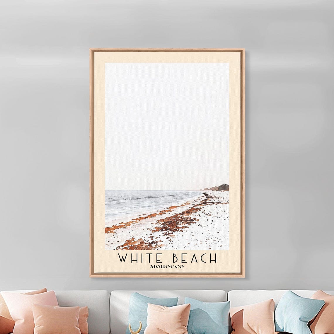 White Beach Morocco Serene Sandy Shore Misty Morning Minimalist Poster - Image 2