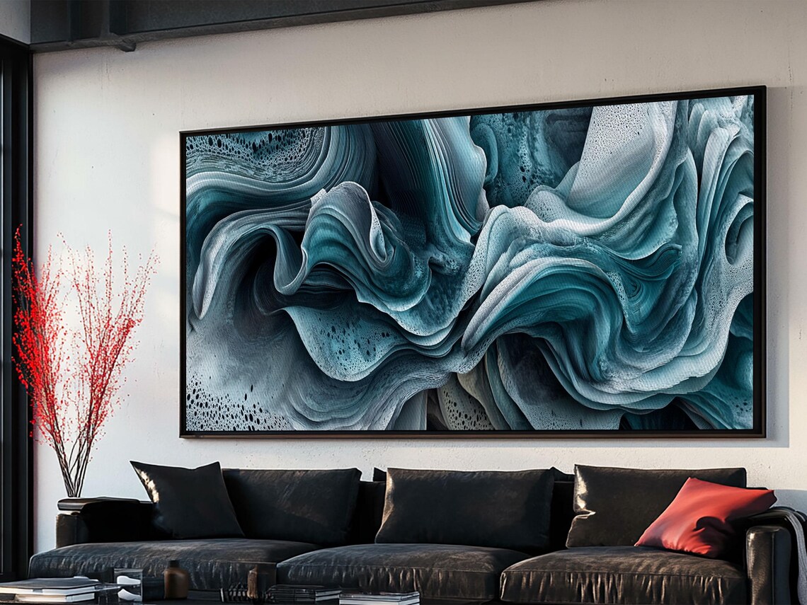 Blue Textured Ocean Wave Abstract Fluid Sage Coastal Bedroom Wall Art Print - Image 2