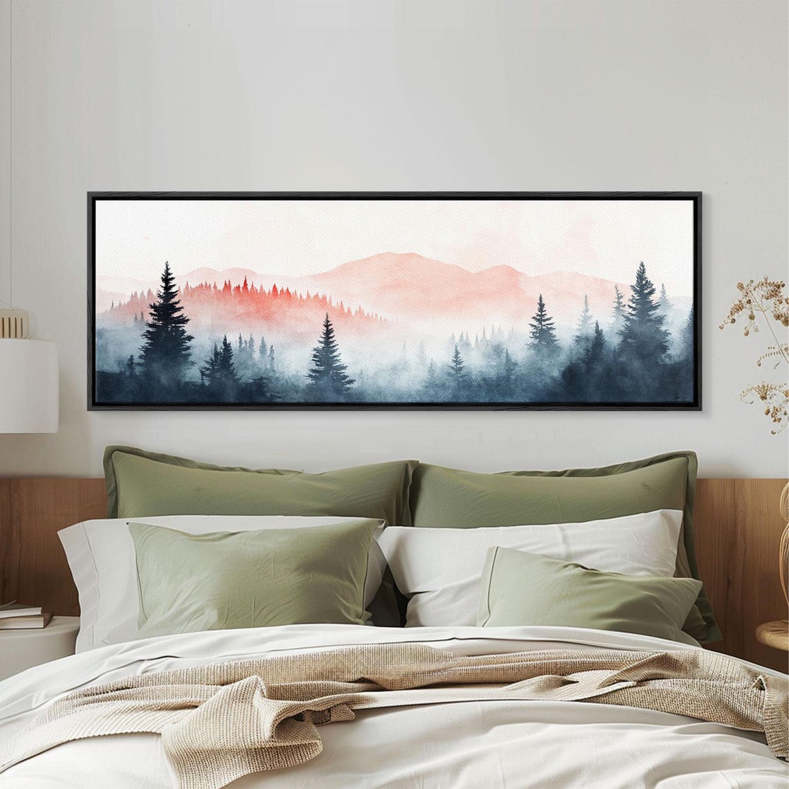 Misty Blue Mountain Fog Pine Forest Moody Watercolor Landscape Poster