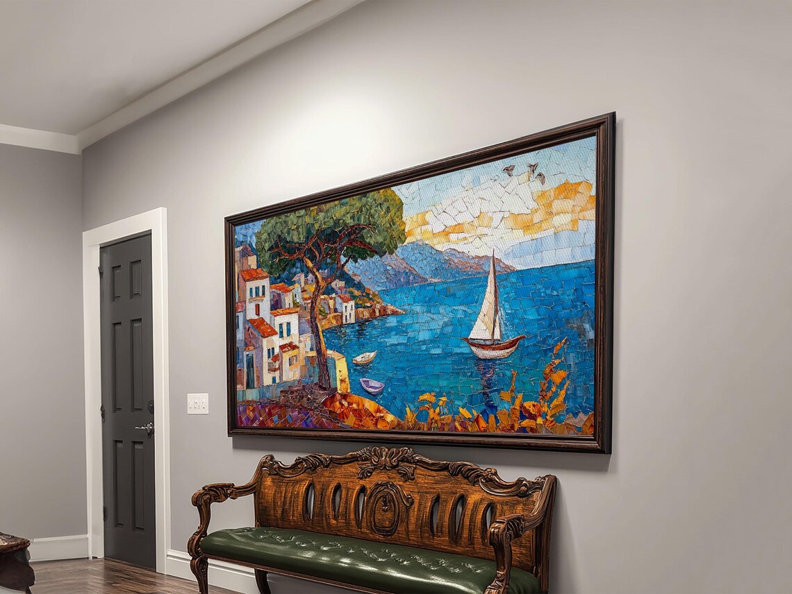 Mediterranean Coastal Village Mosaic Sailboat Blue Sea Travel Poster - Image 5