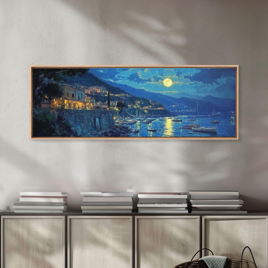 Greek Fishing Village Under Full Moon Midnight Harbor Seascape Poster - Image 6