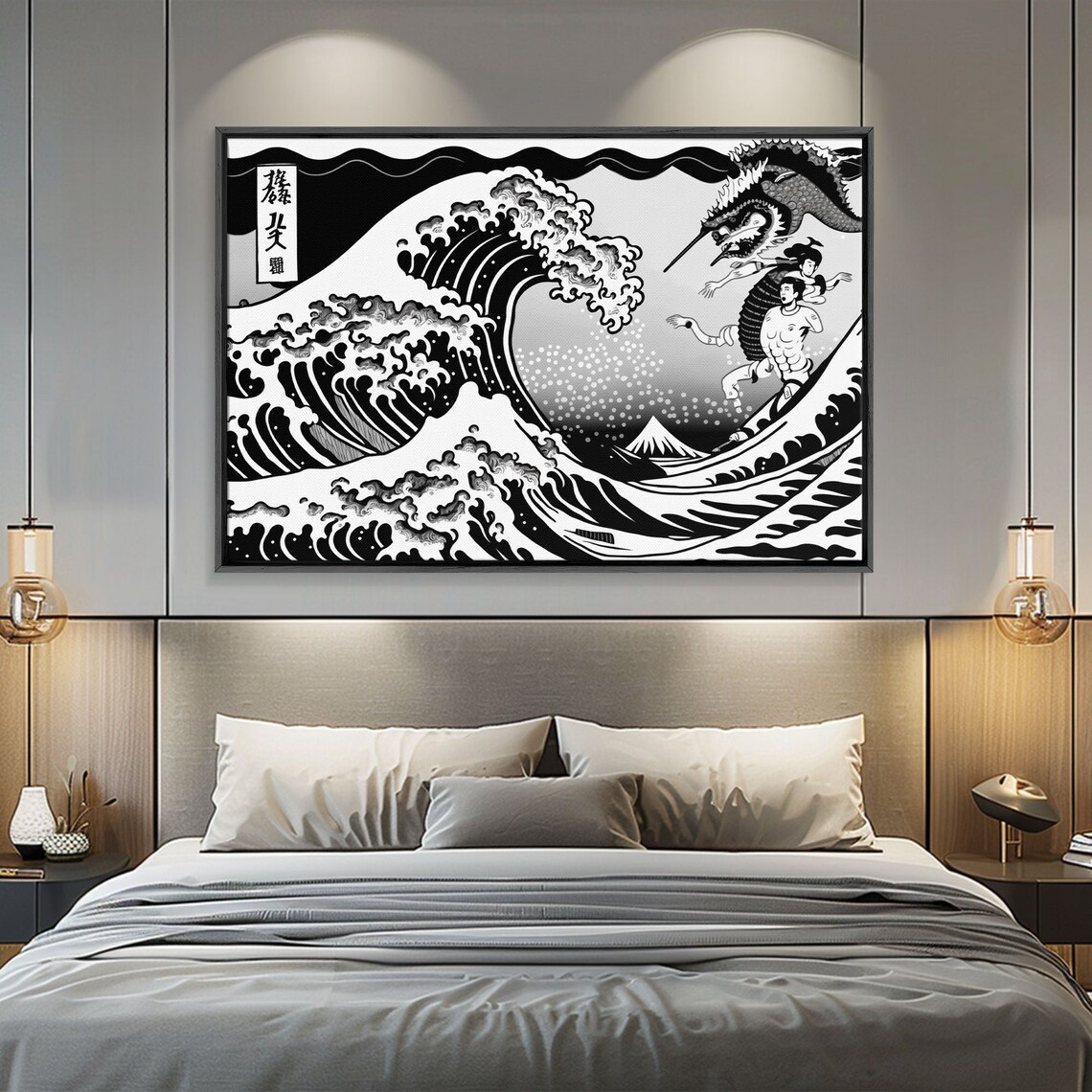 Great Wave Dragon Black White Japanese Woodblock Style Ocean Art Poster - Image 4
