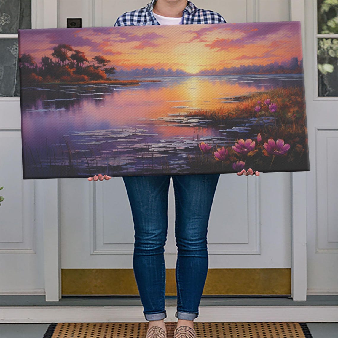 Beautiful Lake At Sunset Framed Print Landscape Oil Painting Print Lakehouse Art Lake Art Lake House Decor Nature Art - Image 3