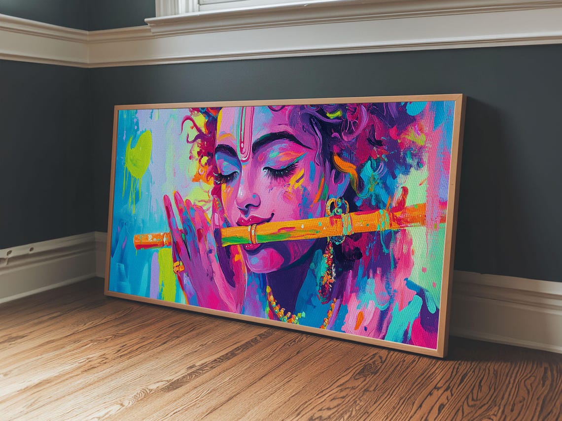 Krishna Playing Flute Vibrant Abstract Hindu Portrait Art Poster - Image 5