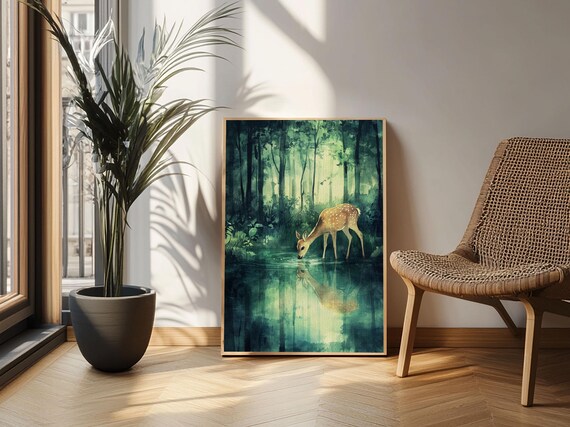 Young Deer Drinking Water Forest Reflection Watercolor Wildlife Poster