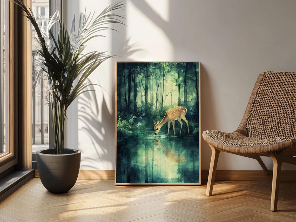 Young Deer Drinking Water Forest Reflection Watercolor Wildlife Poster