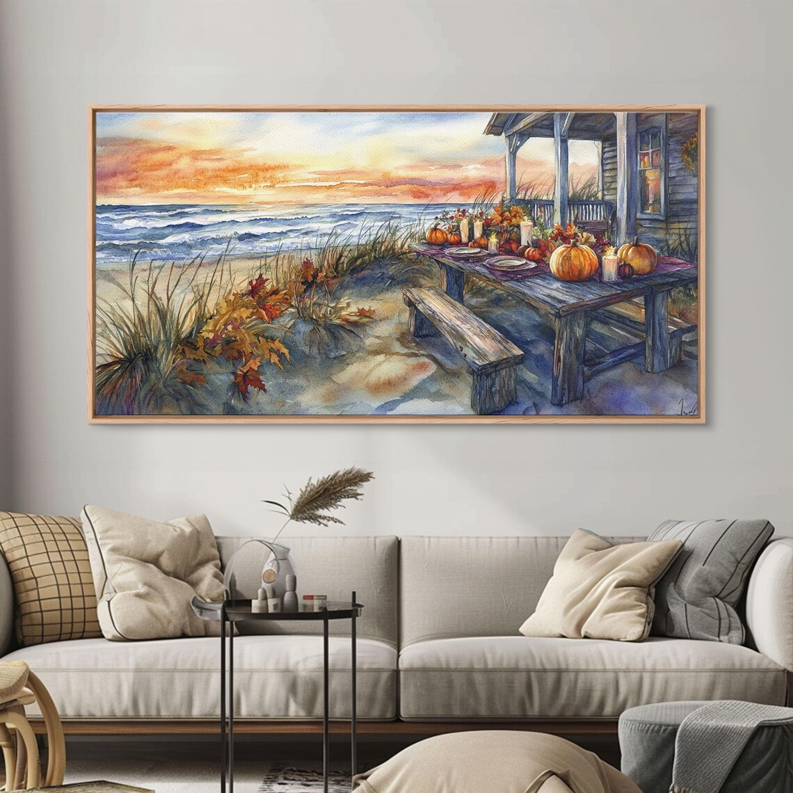 Beach Thanksgiving Table Pumpkins, Coastal Fall Art Print