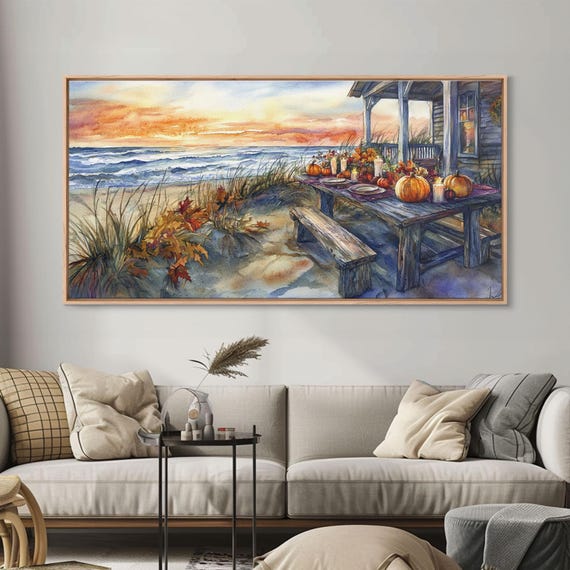 Beach Thanksgiving Table Pumpkins, Coastal Fall Art Print
