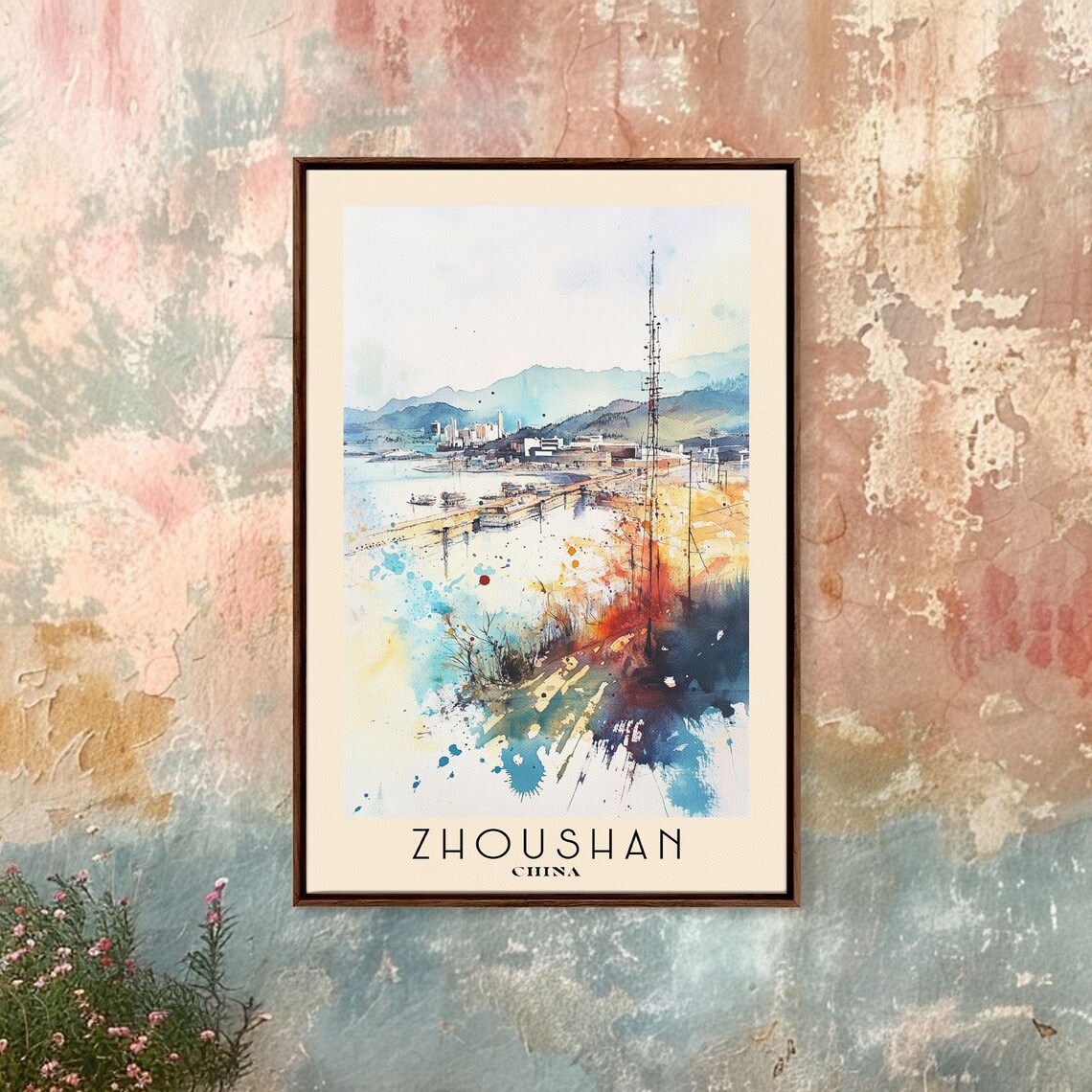 Zhoushan China Watercolor Harbor Mountain Bay View Travel Poster - Image 4