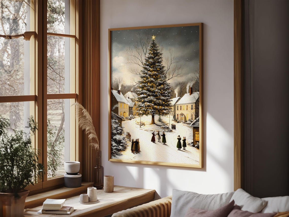 Snowy Christmas Village With Lit Tree Night Scene Holiday Art Poster - Image 4