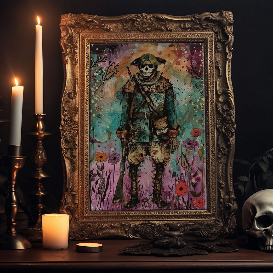 Skeleton Soldier Colorful Flower Field Spooky Halloween Art Poster - Image 6