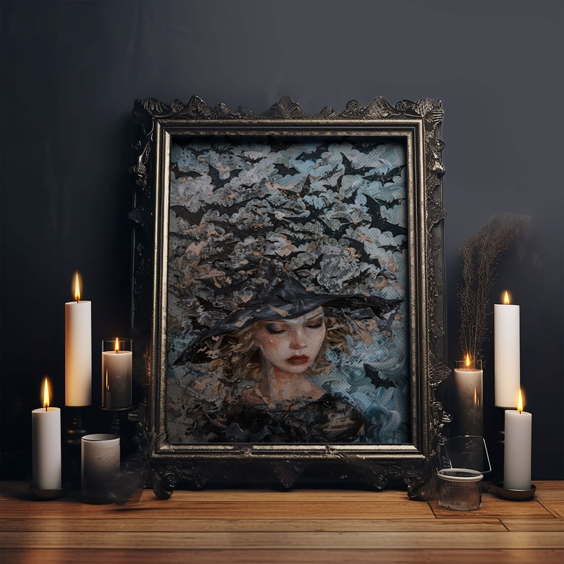Witch In Bat Swarm Spooky Halloween Art Print - Image 6
