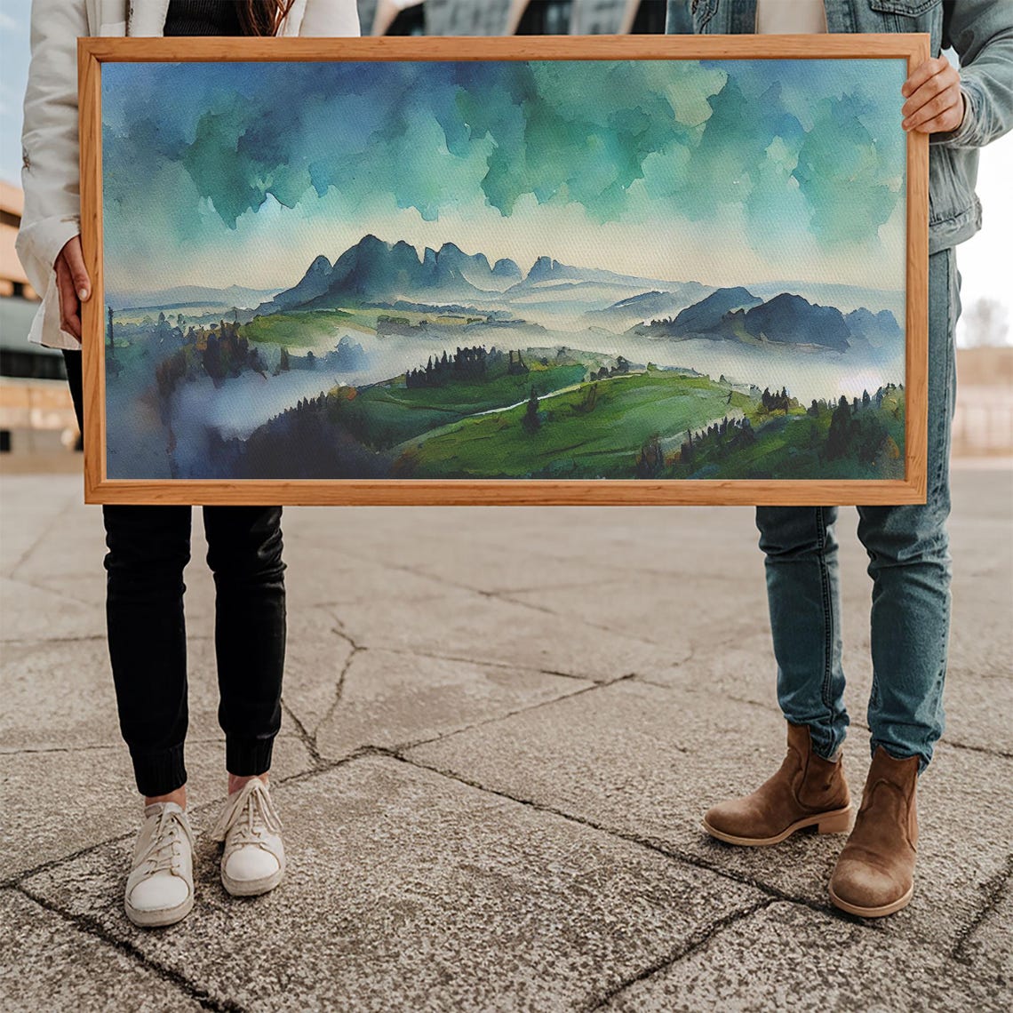 Panoramic Blue Green Mountain Valley Watercolor Art Print Misty Rolling Hills Landscape Extra Large Panorama Print - Image 5