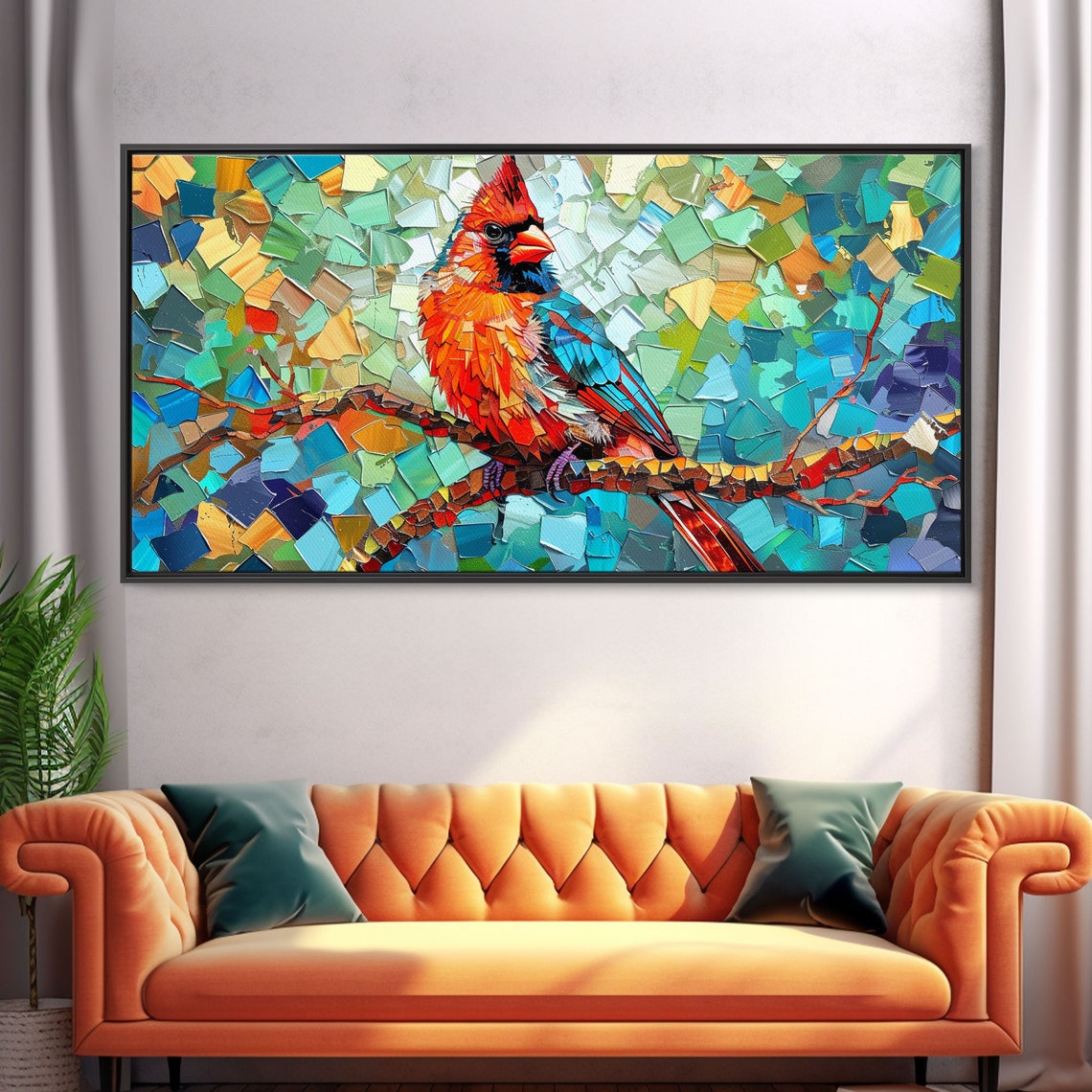 Mosaic Cardinal Red Bird Colorful Tile Background Impressionist Poster - Image 5