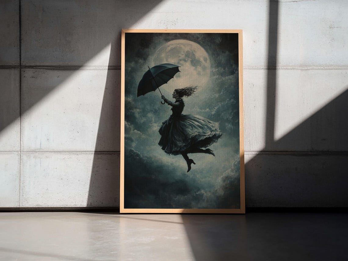 Witch Umbrella Full Moon Gothic Halloween Victorian Art Poster - Image 2