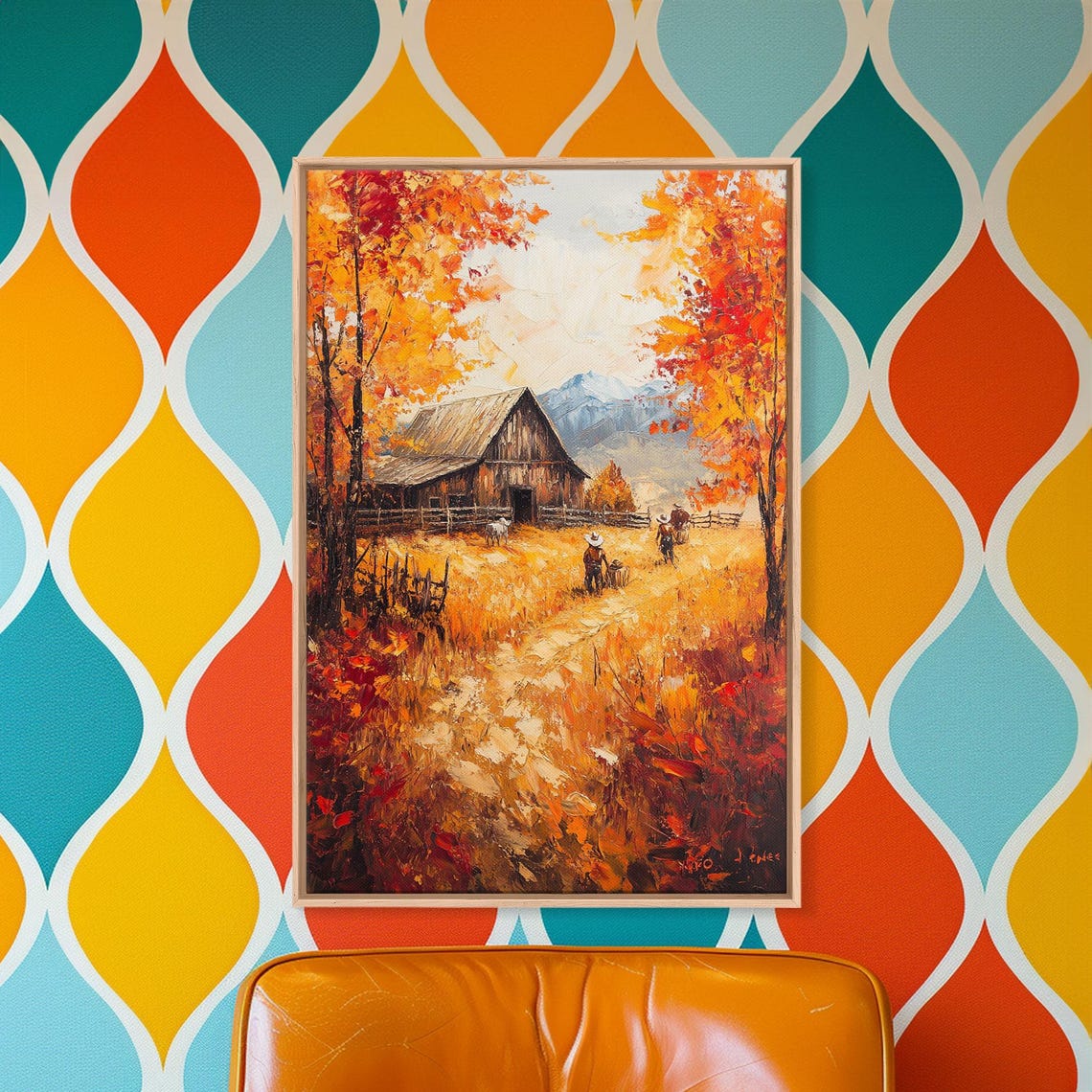 Autumn Barnyard With Barn Golden Field Mountain View Art Poster - Image 2