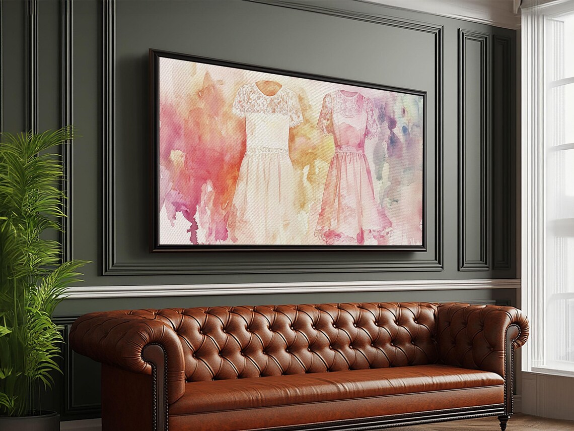 Pink Lace Dresses Watercolor Wide Horizontal Fashion Illustration Wall Art - Image 4