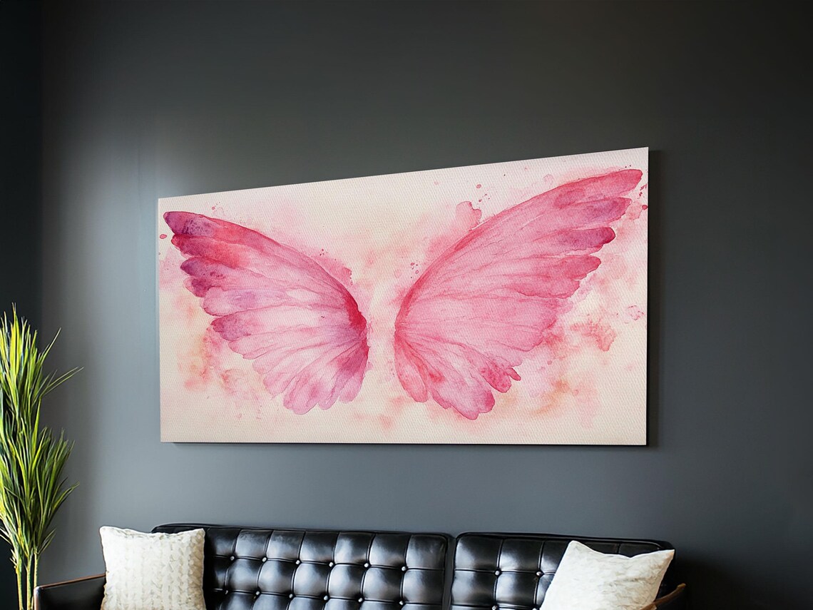 Pink Angel Wings Watercolor Whimsical Feminine Bedroom Wall Art Print - Image 3