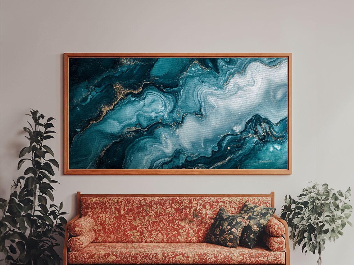 Teal Marble Fluid Abstract Gold Vein Coastal Moody Living Room Wall Art Print - Image 5