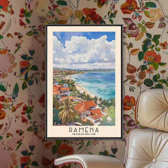 Ramena Madagascar Coastal Town Red Roof Watercolor Travel Poster