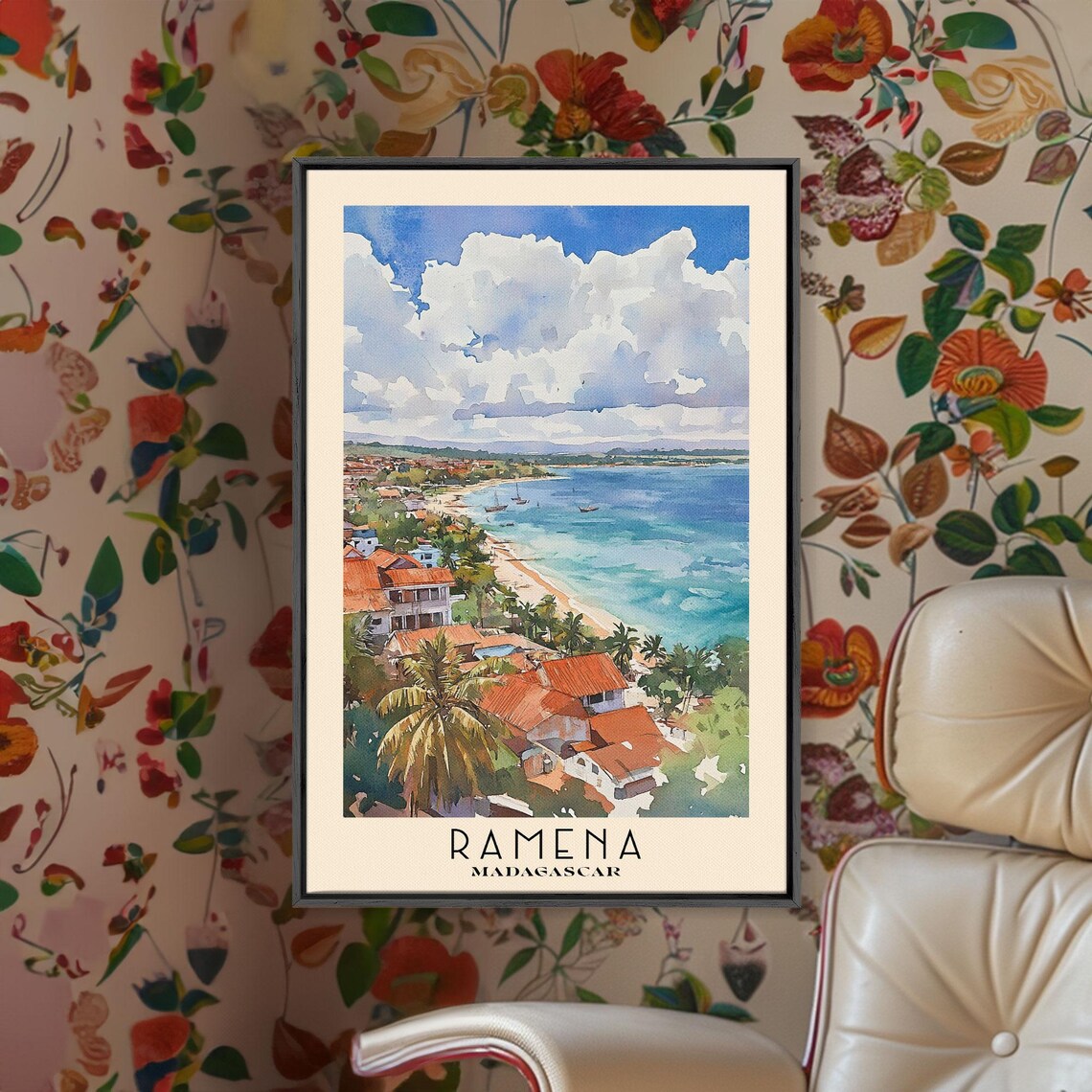 Ramena Madagascar Coastal Town Red Roof Watercolor Travel Poster
