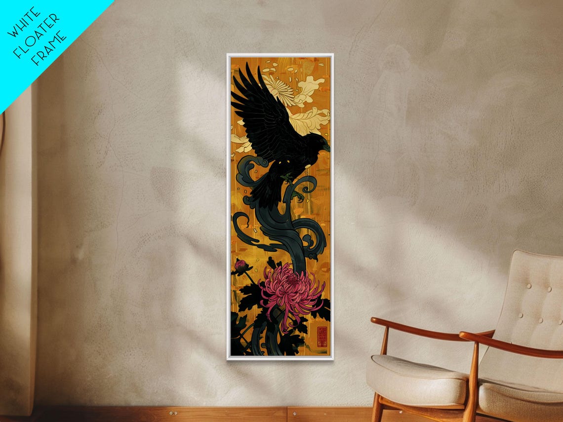 Print Japanese Eagle In Flight Over Chrysanthemum Flowers Bold Traditional Art For Statement Wall Piece Cultural Home Decor - Image 3