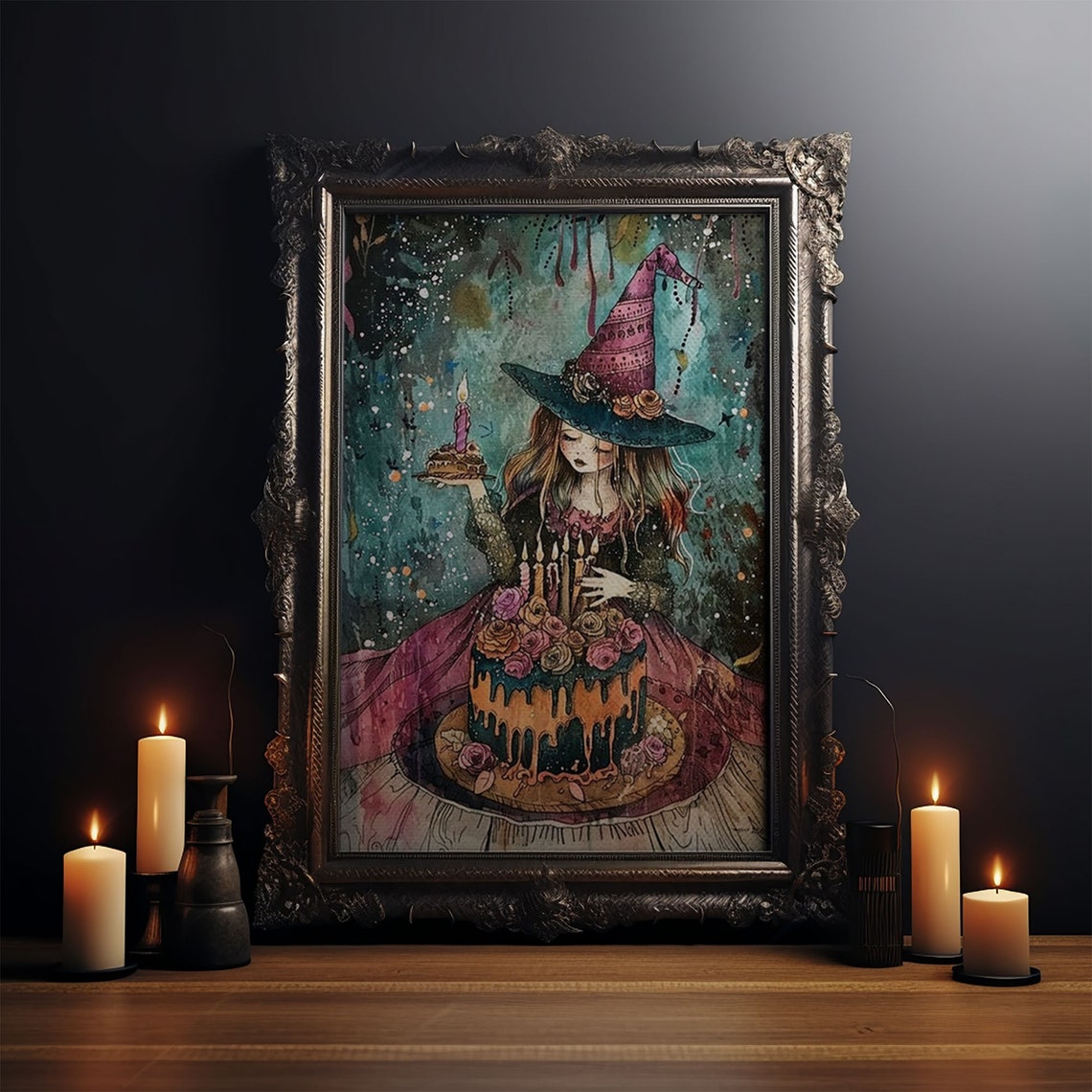 Witch Birthday Party Cake Candles Cute Whimsical Watercolor Poster - Image 4