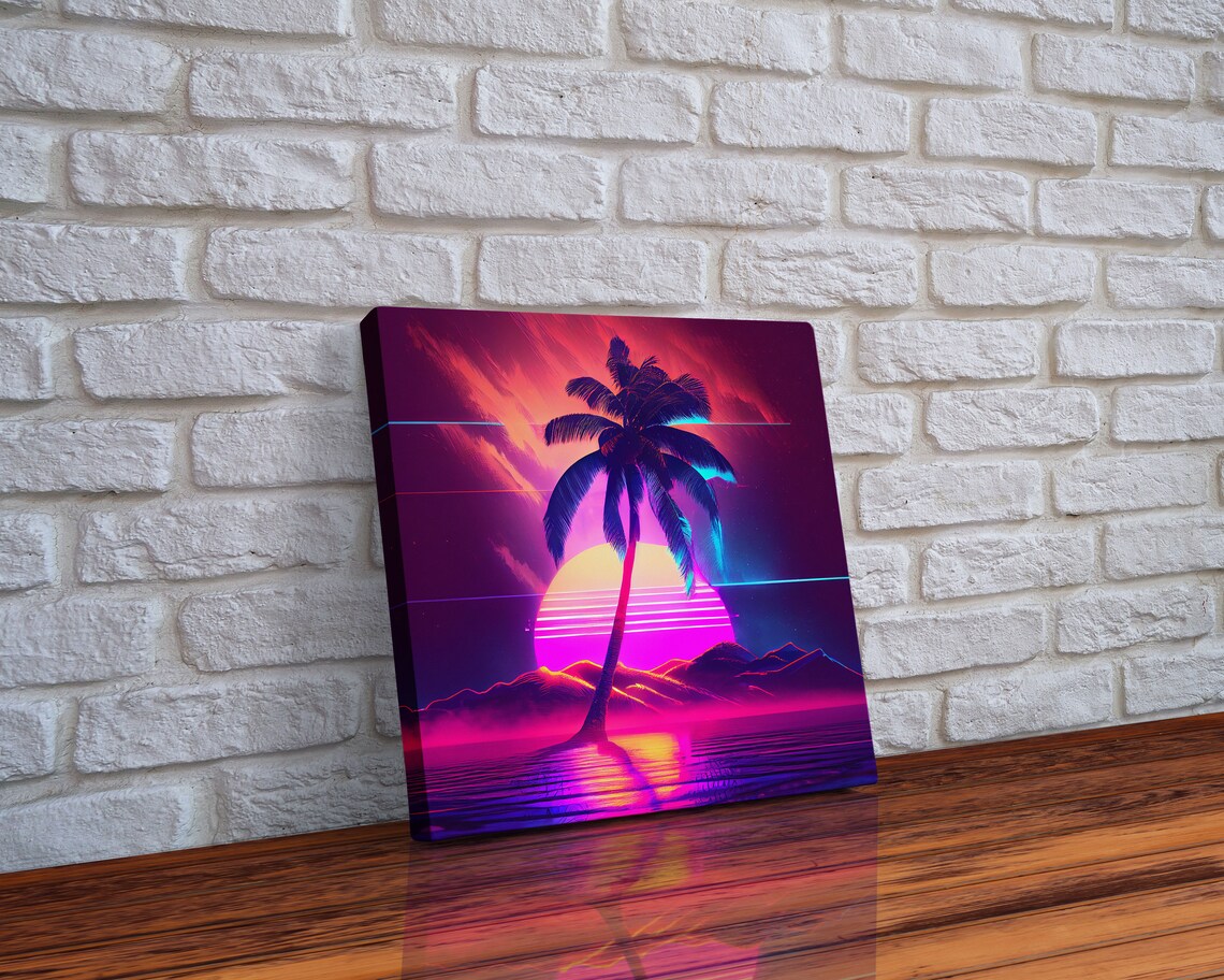 Neon Full Moon, Outrun Style Tropical Art Print - Image 5