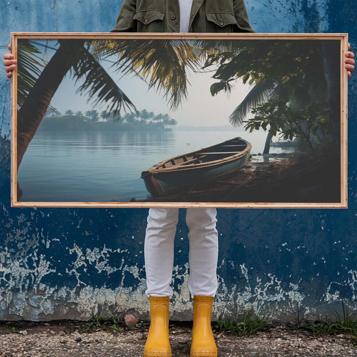Old Wooden Canoe Misty Tropical Lake Shore Dawn Serene Travel Poster - Image 5