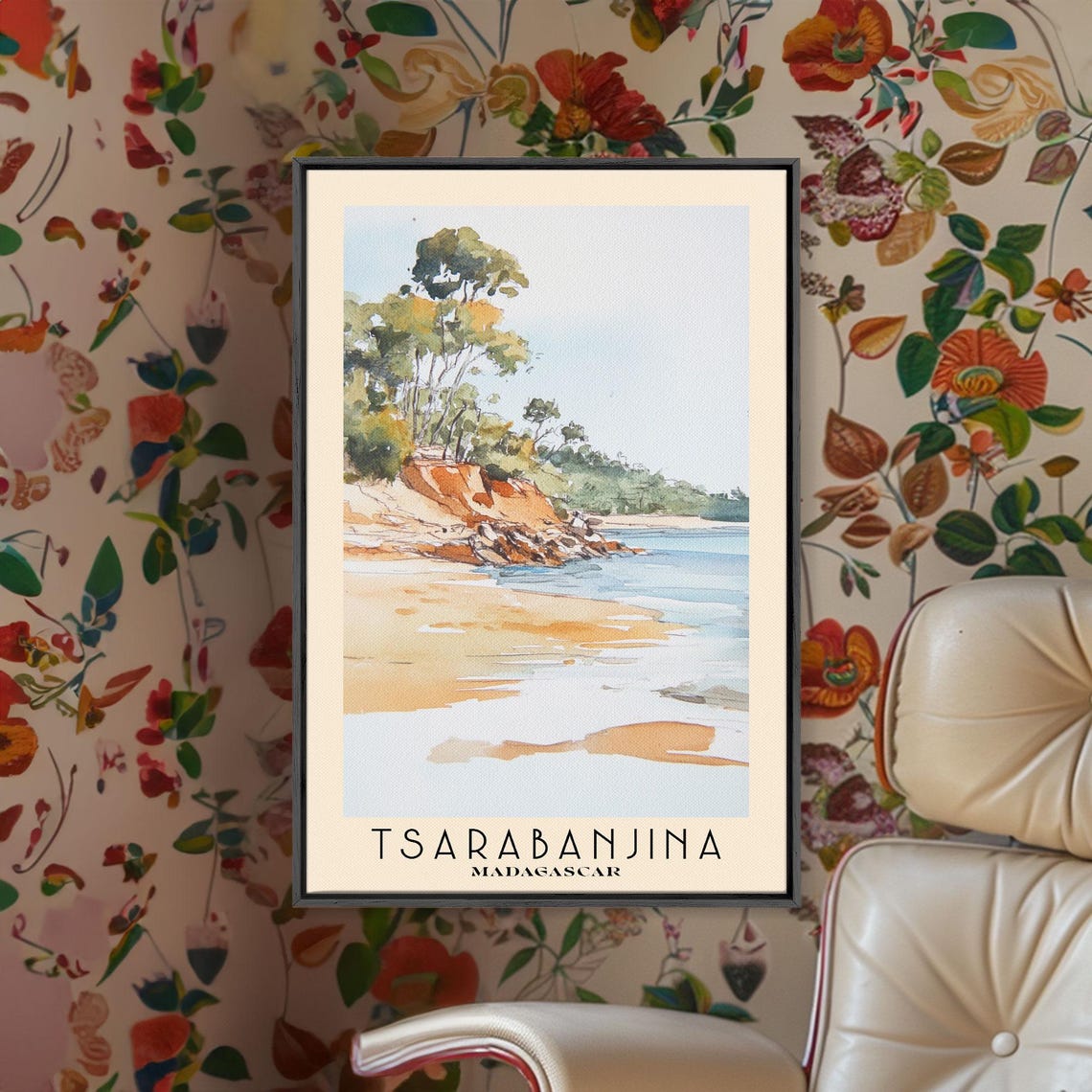 Tsarabanjina Madagascar Sandy Beach Red Cliffs Watercolor Poster