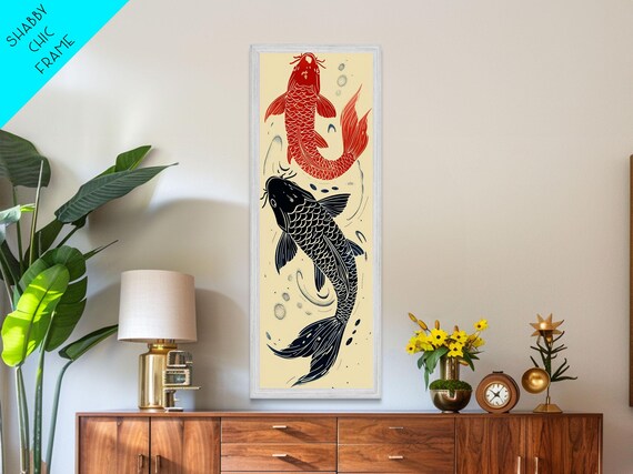 Elegant Koi Fish In Minimalist Japanese Art Style Tall And Skinny Framed Print For Ukiyo E Art Lovers