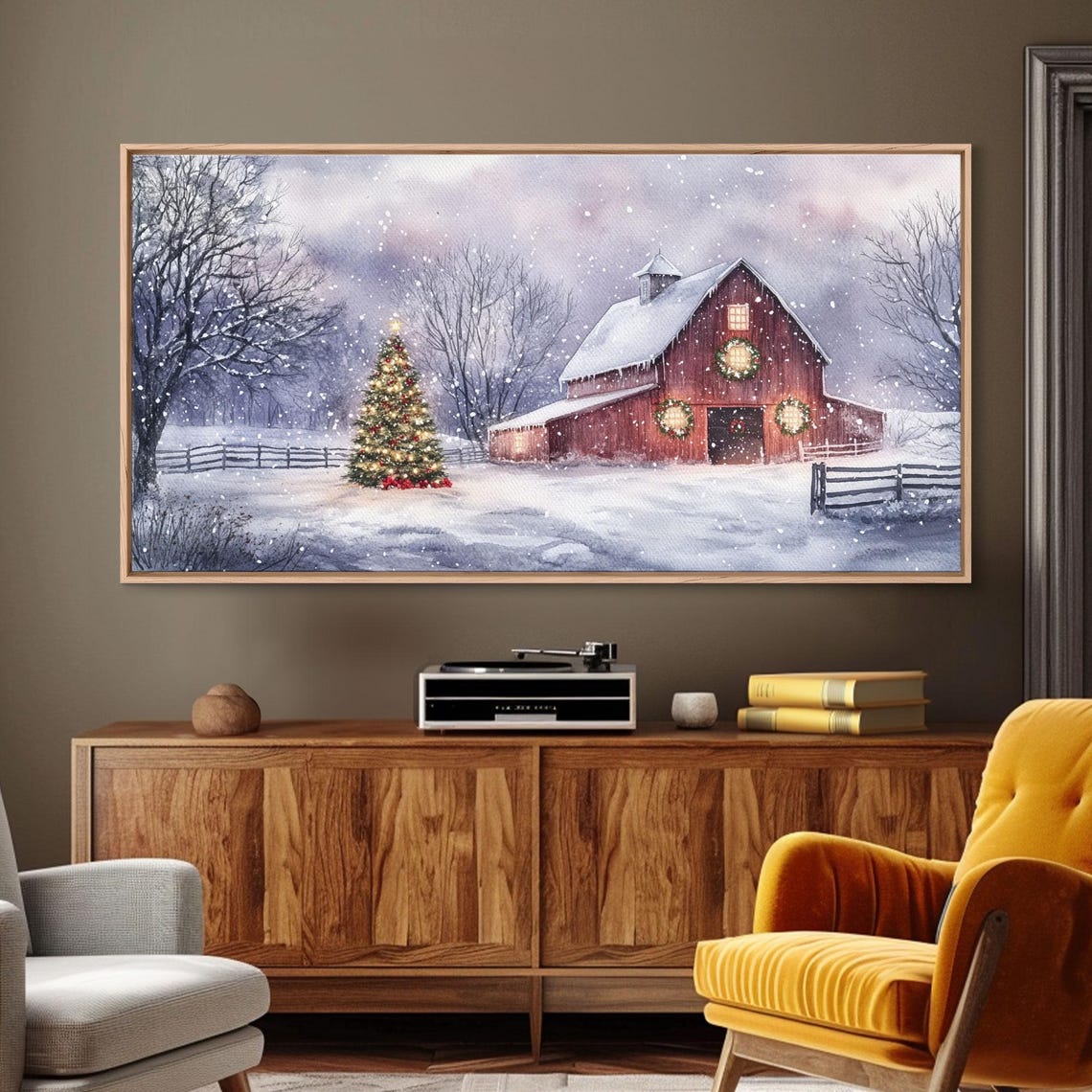 Red Barn Christmas Tree Falling Snow Glowing Holiday Farm Art Print