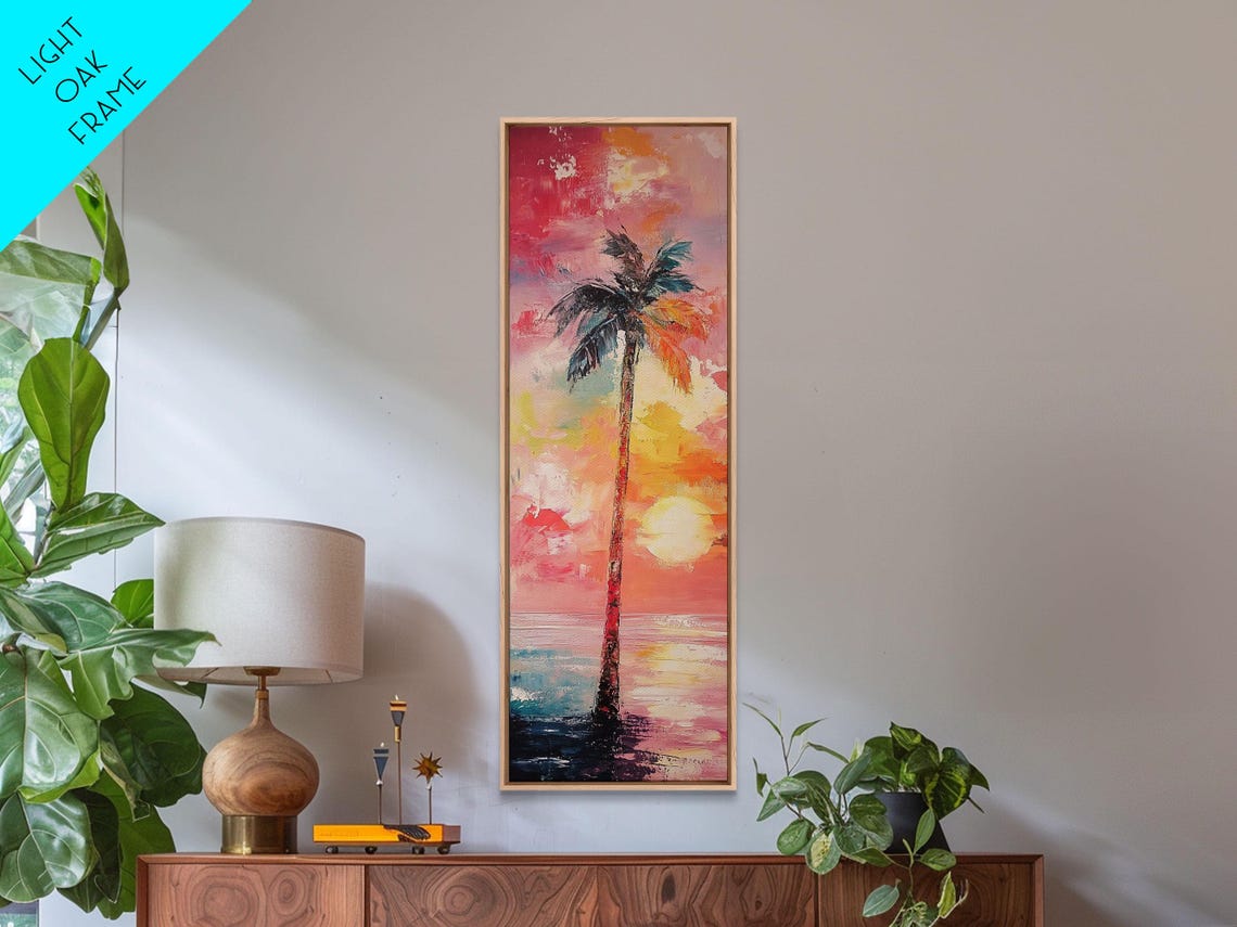 Palm Tree Sunset Ocean Vibrant Pink Impasto Coastal Wall Art - Image 2