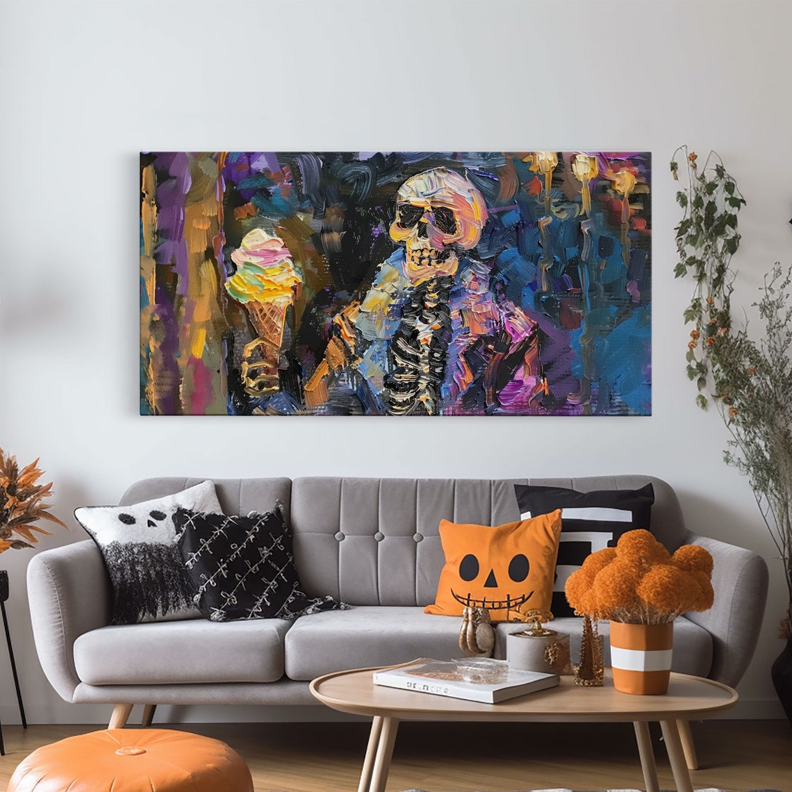 Skeleton Eating Ice Cream Cone Colorful Impasto Halloween Art Print
