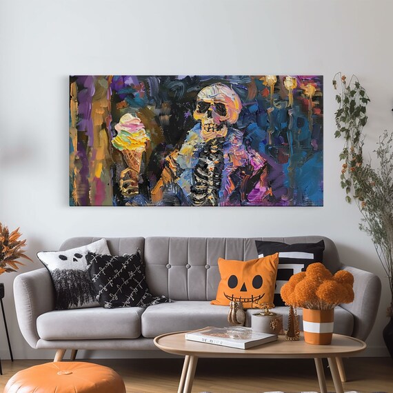 Skeleton Eating Ice Cream Cone Colorful Impasto Halloween Art Print