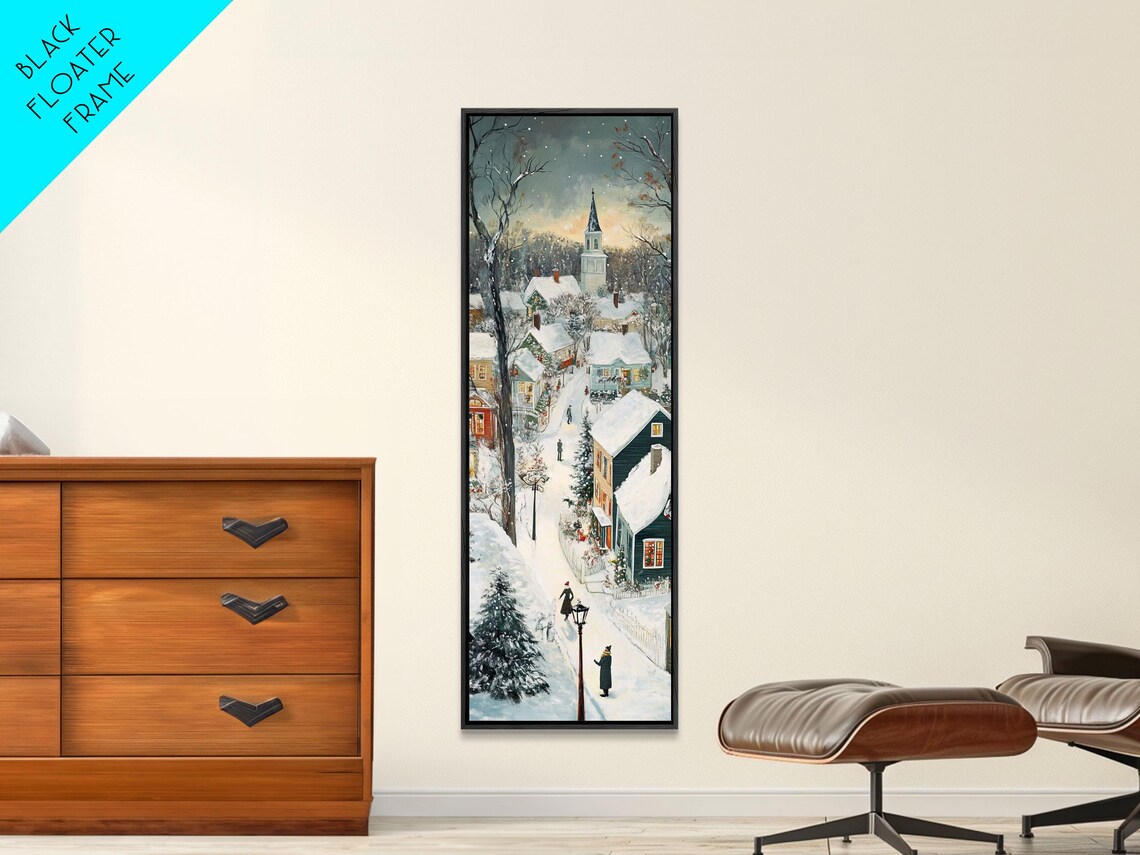 Snowy Village Street At Dusk With Church And Lampposts Poster - Image 2