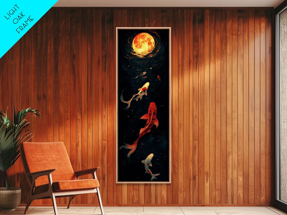 Koi Fish Swimming Under Full Moon Night Pond Japanese Wall Art - Image 4