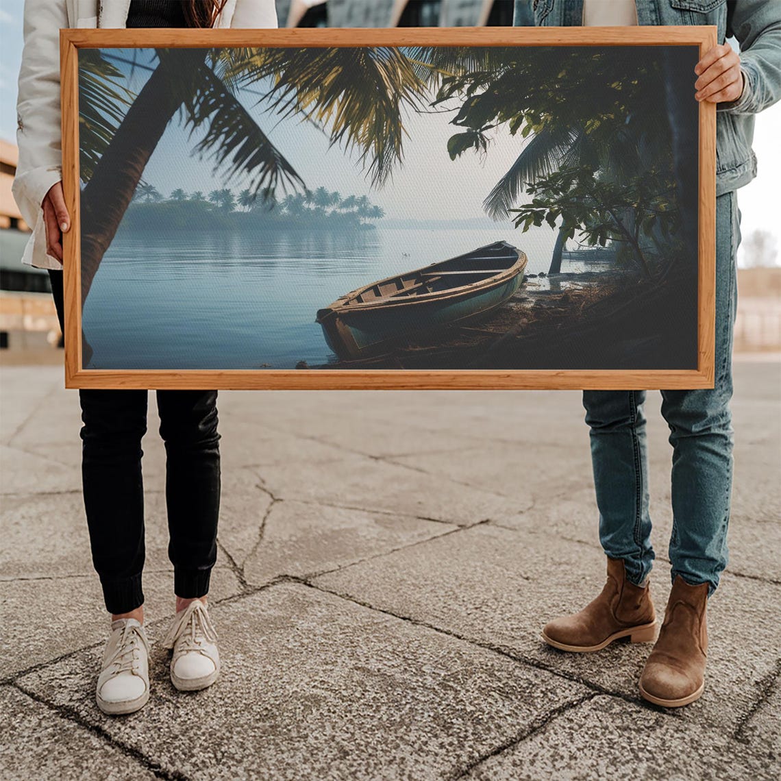 Old Wooden Canoe Misty Tropical Lake Shore Dawn Serene Travel Poster - Image 4
