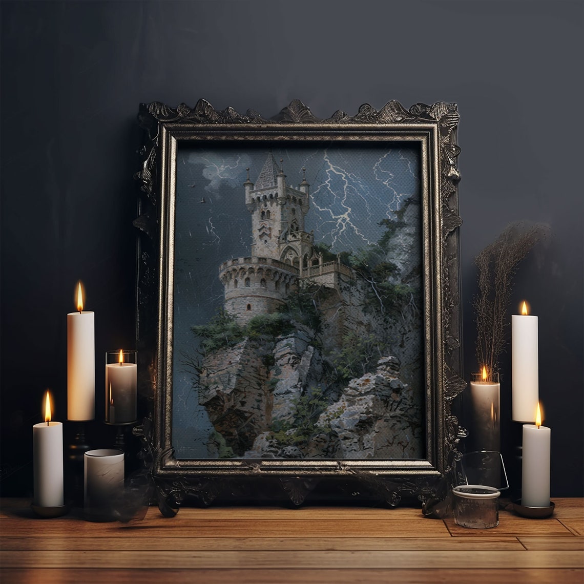 Haunted Castle On Cliff In Lightning Storm Gothic Night Sky Poster - Image 6