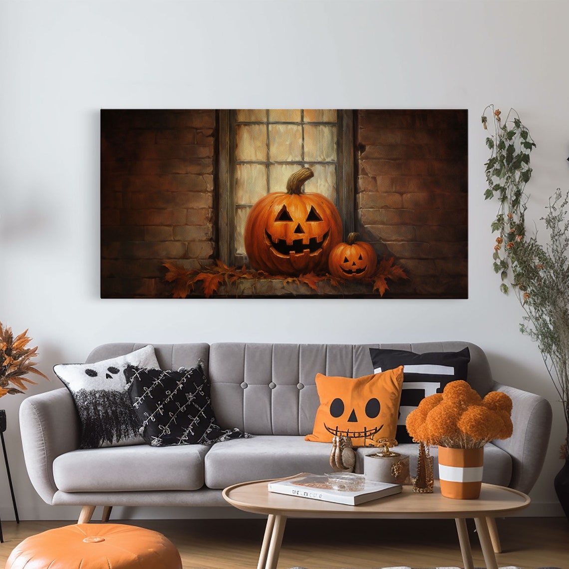Jack O Lanterns On Old Window Sill With Autumn Leaves Poster - Image 5