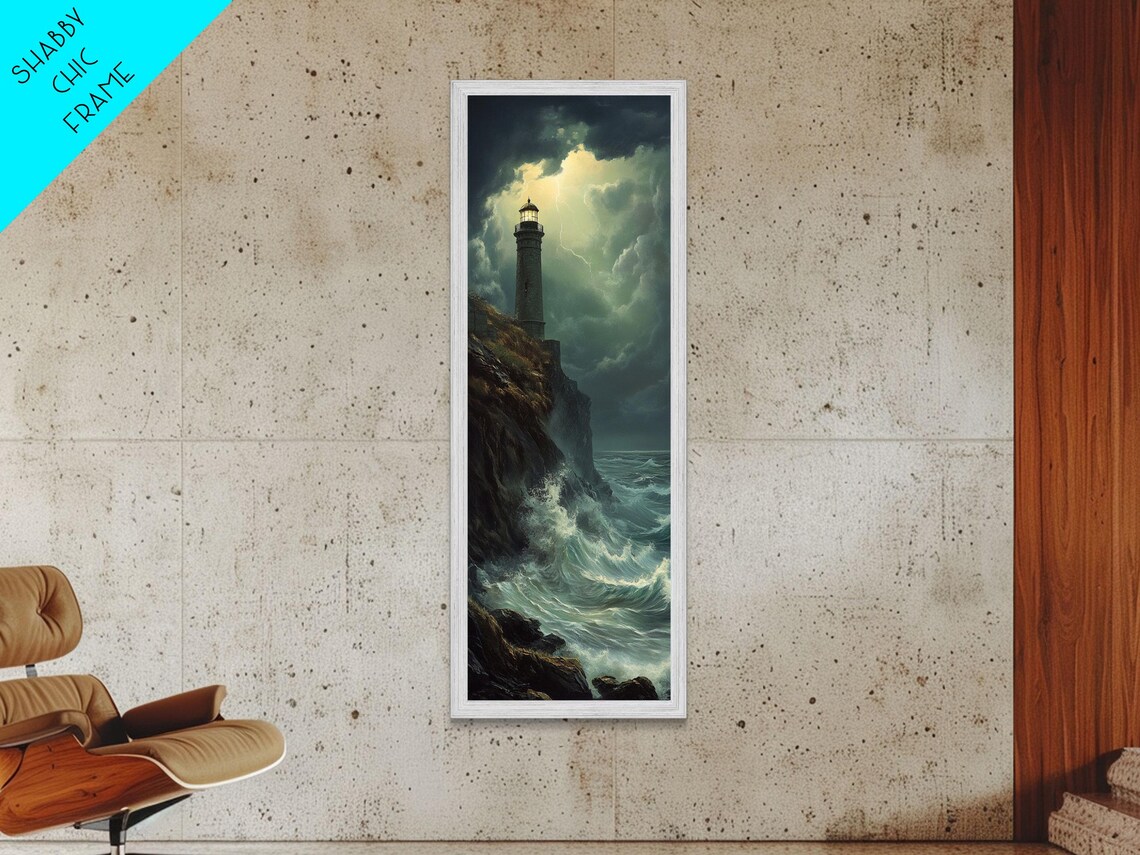 Stormy Lighthouse On Rocky Cliff Dramatic Moonlit Seascape Painting Poster - Image 6