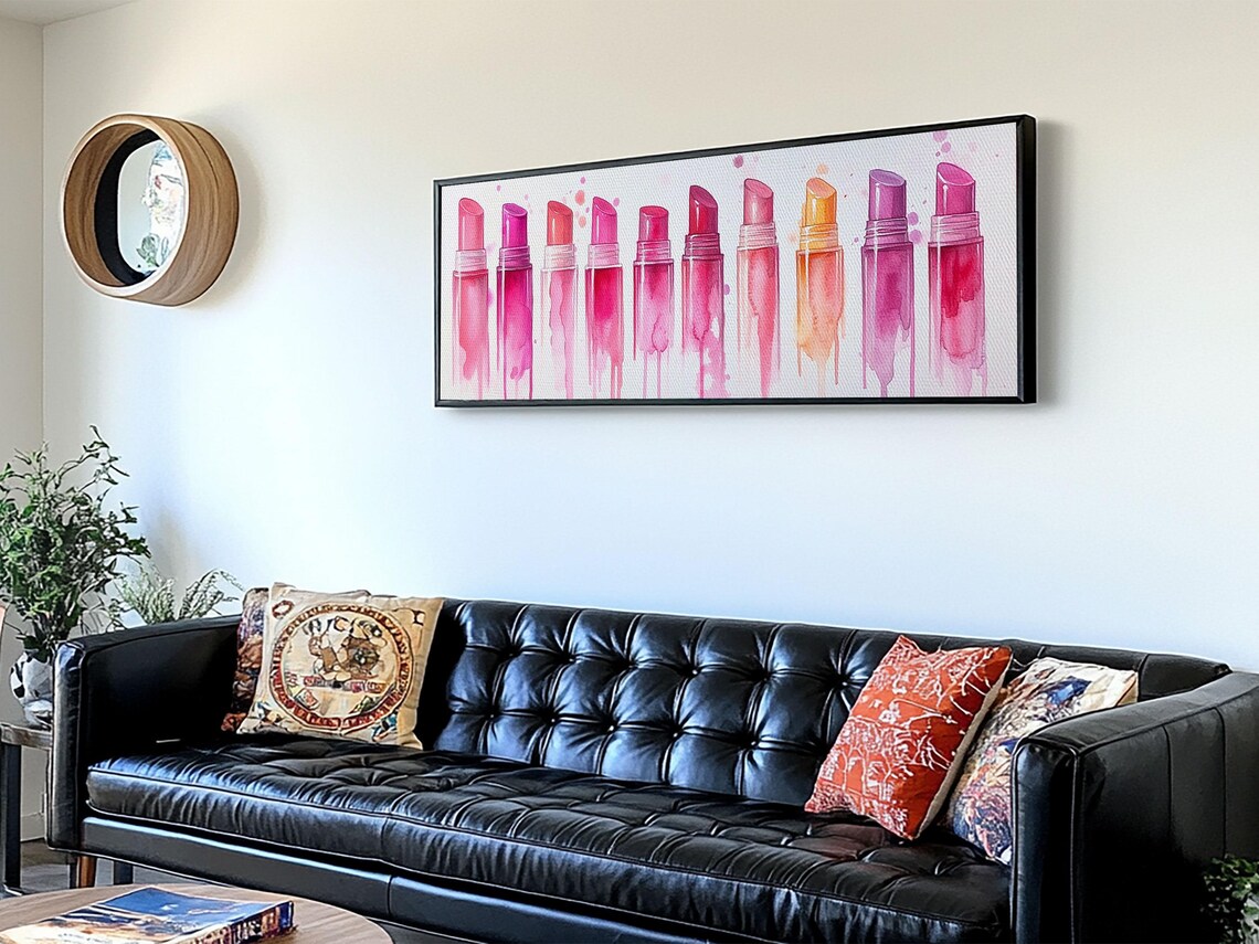 Pink Magenta Lipstick Shades Row Watercolor Panoramic Beauty Canvas Poster - Image 6