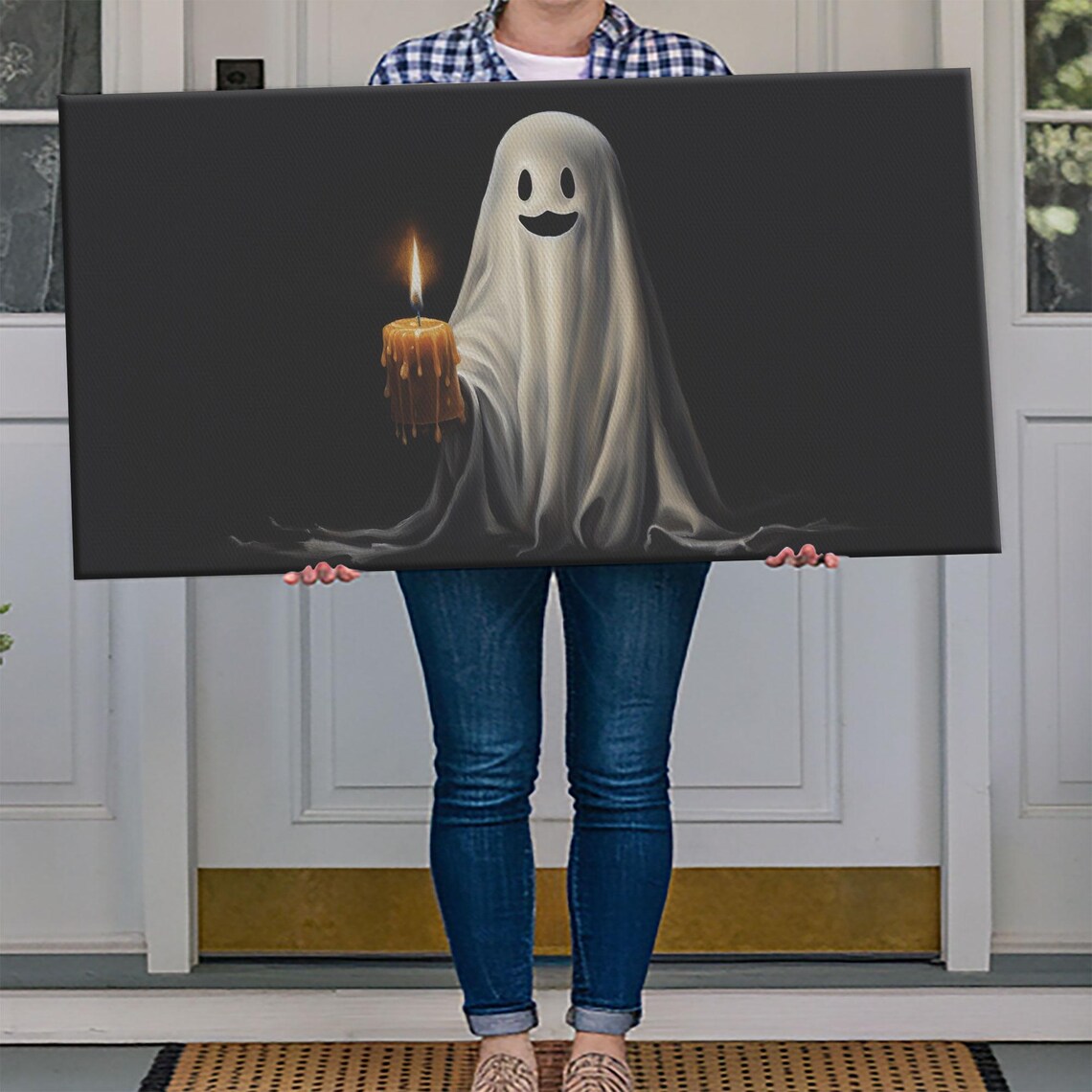 Smiling Ghost Holding Candle Cute Halloween Oil Painting Dark Poster - Image 4