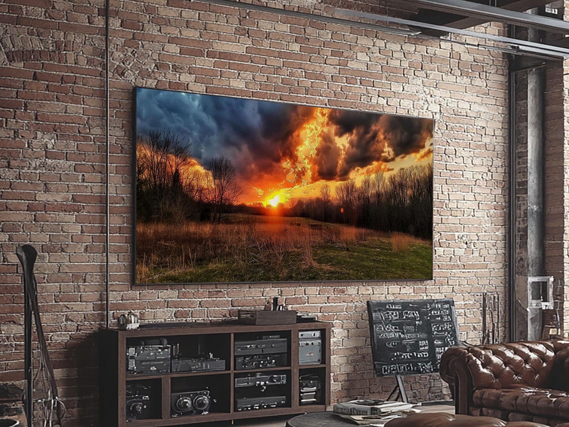Dramatic Stormy Sunset Over Meadow Treeline Countryside Poster - Image 2