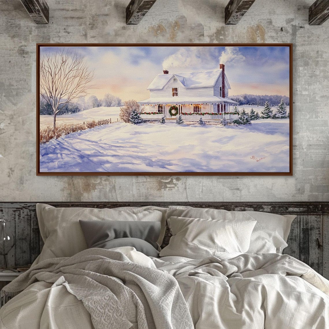 Snowy White Farmhouse Christmas Wreath Winter Dusk Art Print - Image 6