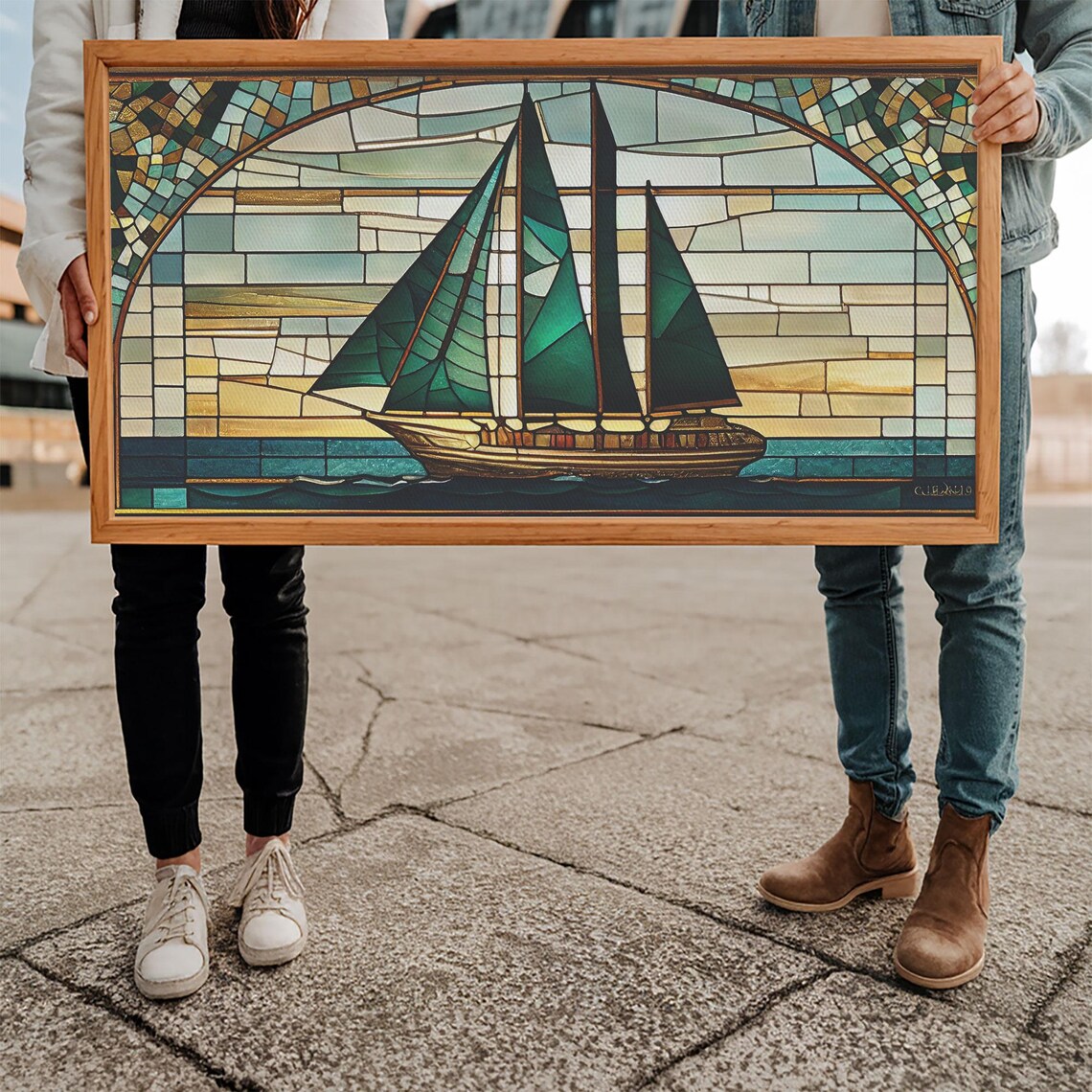 Emerald Sailboat Stained Glass Art Deco Nautical Mosaic Ocean Poster - Image 5